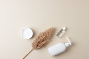 Pastel bej arka planda pampaları olan kozmetik cilt bakım ürünleri. Düz yat, boşluğu kopyala