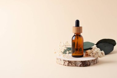 Okaliptüslü kozmetik şişe ve pastel bej arka planda ahşap. Kapat, boşluğu kopyala