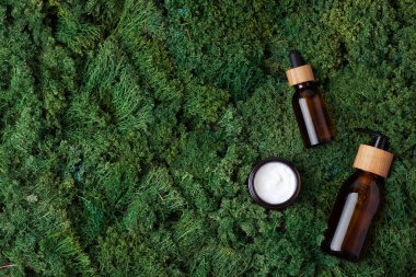 Yeşil yosun üzerine cilt bakım ürünleri. Düz yat, boşluğu kopyala.