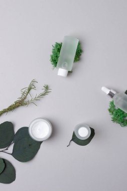 Gri arka planda okaliptüs ve yosun içeren kozmetik cilt bakım ürünleri. Düz yatıyordu.
