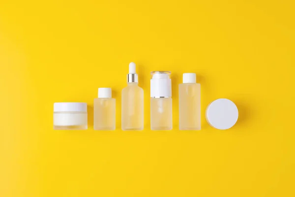 Skin Care Products Yellow Background Flat Lay Composition — Stock Photo, Image