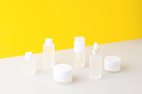 Composition Skin Care Products Yellow Grey Background Close Copy Space — Stock Photo, Image