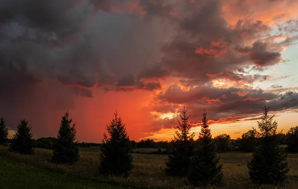 Beau Coucher Soleil Dans Champ Rural — Photo