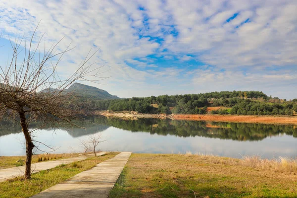 Aslantas Barajı Gölü ve Milli Park. Göl kıyısından çekilmiş su yansıması olan manzara fotoğrafı. Osmaniye, Türkiye.