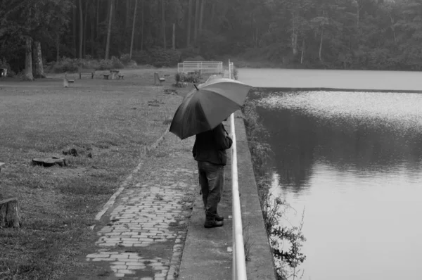 Самотній Чоловік Розмірковує Дивиться Озеро Похмурий Дощовий День — стокове фото