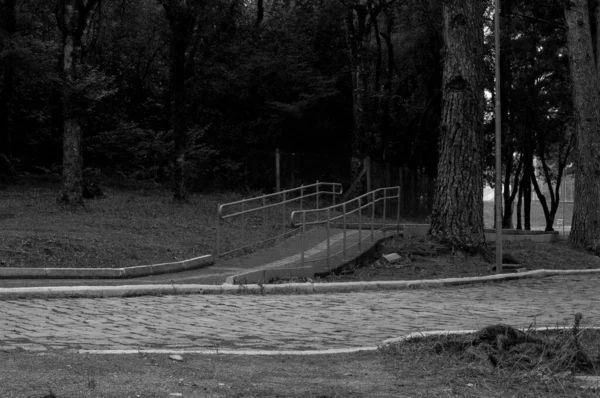 Siyahlar ve beyazlar içinde sivillerin girebileceği bir yolun fotoğrafı