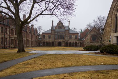 Eski taş okul binaları, bahçedeki ağaçların ve kuru çimlerin etrafını sarar.