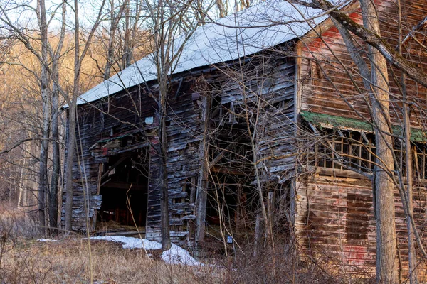 冬の森に降る古い木の納屋 — ストック写真