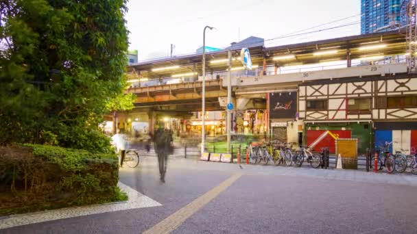 Osaka, Giappone - 1 maggio 2022: Timelapse del traffico pedonale, persone in attesa e treni in arrivo al JR Fukushima mentre il giorno diventa sera presto — Video Stock