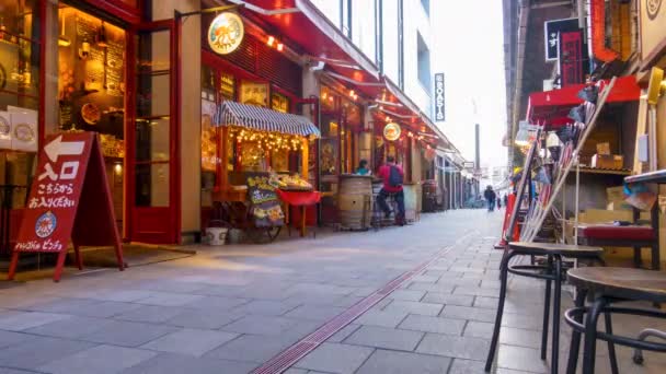 Osaka, Japan - May 1, 2022: Timelapse of pedestrians in narrow walking street lined with restaurants — Stok video