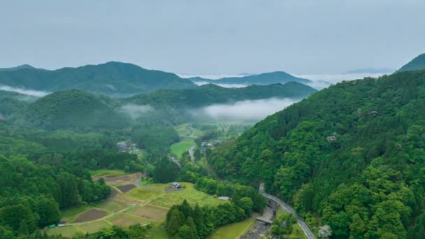 Luchthyperlapse Boven Bergachtige Regio Kyoto Japan Hoge Kwaliteit Beeldmateriaal — Stockvideo