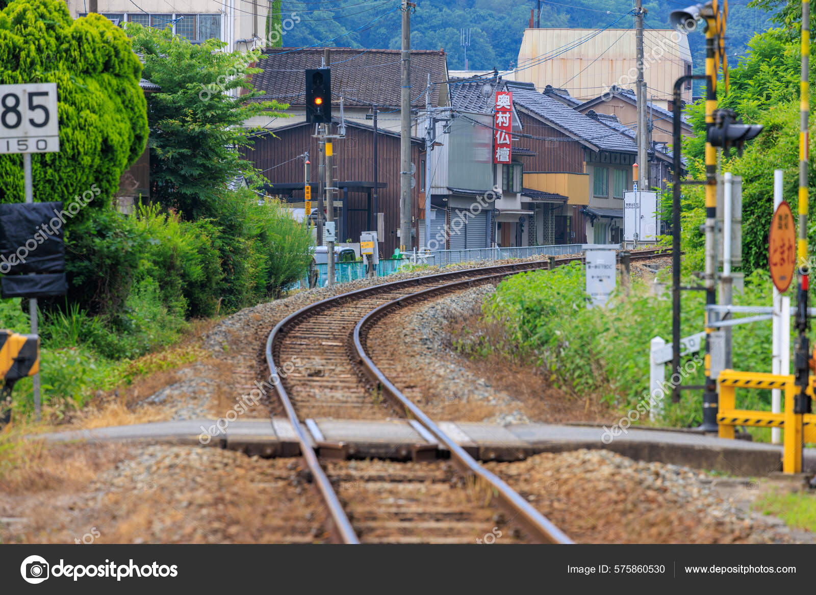 Train Tracks Curve Small Japanese Town High Quality Photo Stock