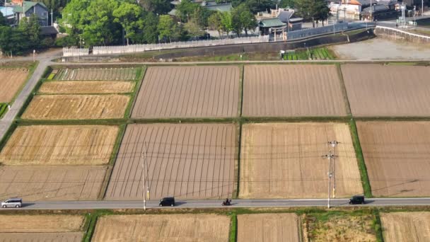 Vista Aérea Carros Estrada Estreita Através Campos Secos Não Plantados — Vídeo de Stock