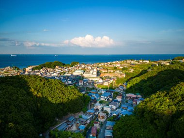 Orman tepeleri arasındaki vadideki küçük kıyı köyünün havadan görünüşü. Yüksek kalite fotoğraf