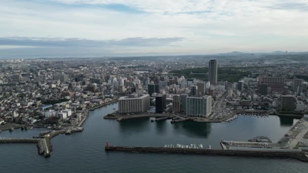 Медленное Воздушное Движение Гавани Зданиям Центре Акаси Высококачественные Кадры — стоковое видео