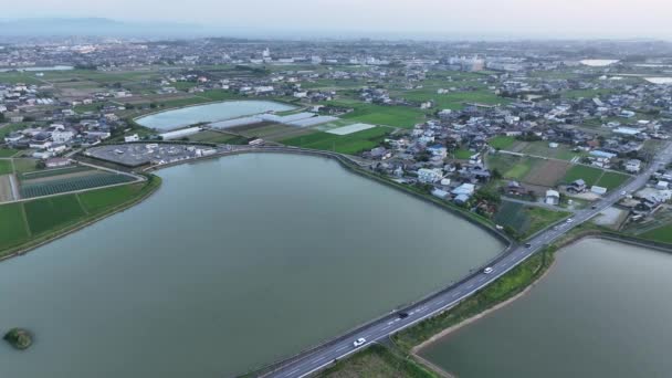 Pullback Light Traffic Road Water Storage Ponds Japanese Countryside High — Stock Video