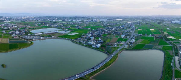 Aerial Panorama Road Water Storage Ponds Rural Countryside High Quality — Stockfoto