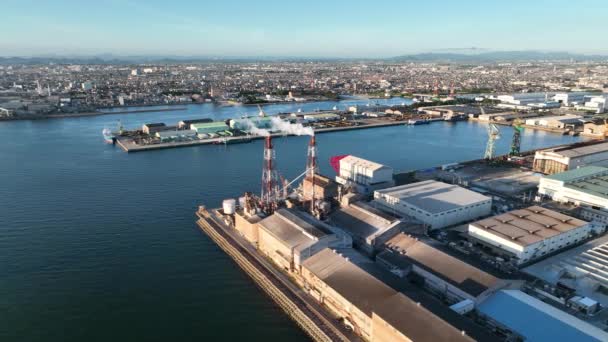 Slow Aerial Rotation Smokestacks Empty Industrial Cargo Port High Quality — Stockvideo