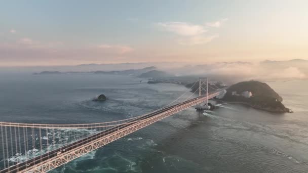 Flyover Naruto Suspension Bridge Strong Ocean Current Sunset High Quality — Stockvideo