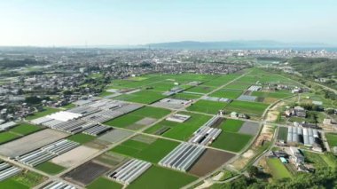 Akashi şehrinin kıyısındaki seraların ve küçük pirinç tarlalarının havadan görünüşü. Yüksek kalite 4k görüntü