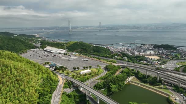 Vista Aérea Tráfego Luz Estrada Parada Descanso Pela Ponte Akashi — Vídeo de Stock