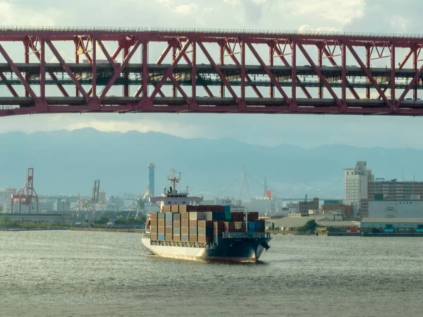 Container Ship Logos Enters Harbor Bridge High Quality Photo — Stock Photo, Image