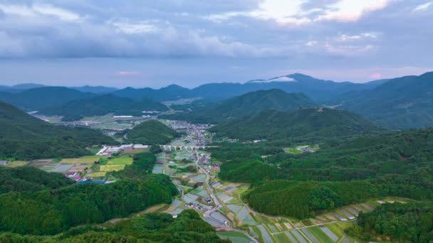 Aerial Timelapse Clouds Move Rural Overpass Rice Fields High Quality — Wideo stockowe