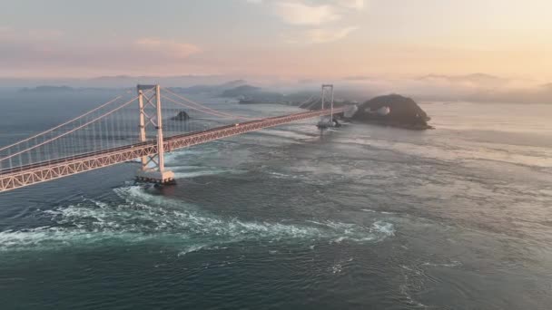 Aerial Move Whirlpools Eddies Naruto Suspension Bridge Sunset High Quality — 图库视频影像