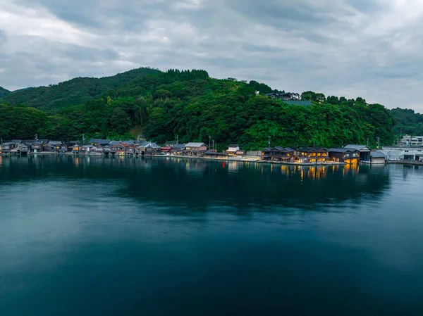 Traditional Japanese Funaya Boathouses Lit Dusk Ine Fishing Village High — Fotografia de Stock
