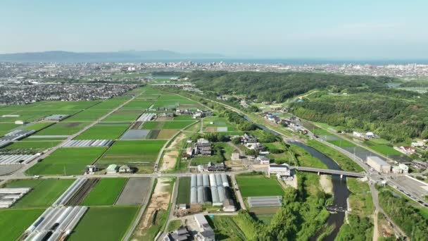 Langzame Terugtocht Vanuit Lucht Rivier Kleine Boerderijen Aan Rand Van — Stockvideo