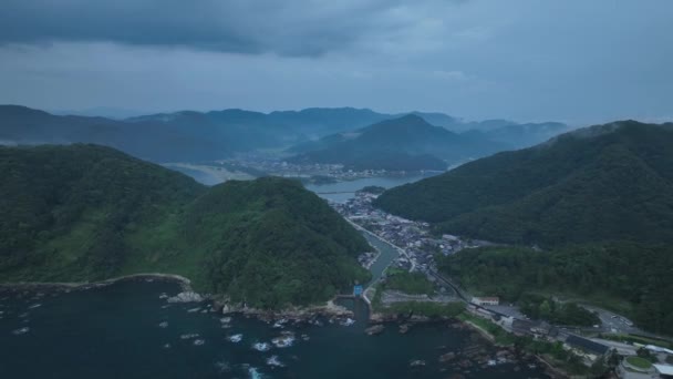 Aerial Slide Rugged Coastal Area Bay Light Morning Fog High — Video Stock