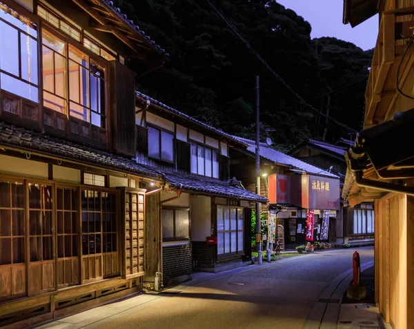 Wooden Buildings Line Empty Street Traditional Japanese Village Night High — Zdjęcie stockowe