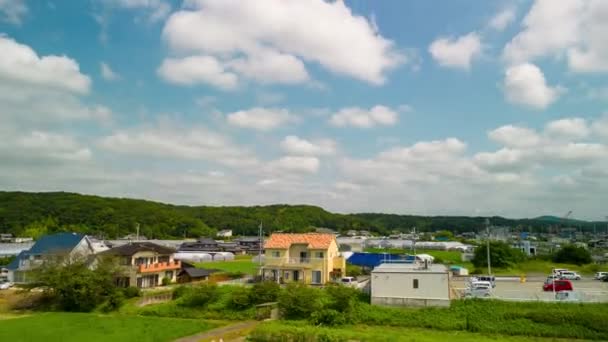 Hyperlapse Clouds Move Houses Busy Road Green Suburban Country High — Stockvideo
