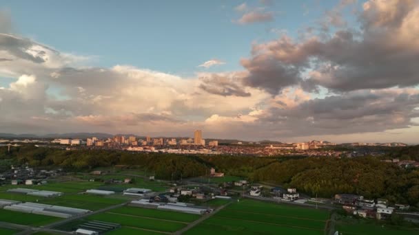 Dramatische Wolken Boven Uitgestrekte Buitenwijk Naast Rijstvelden Bij Zonsondergang Hoge — Stockvideo