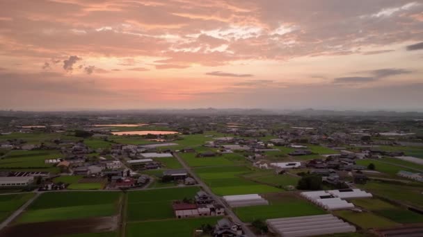 Dramatic Sunset Greenhouses Rice Fields Rural Japan High Quality Footage — Stockvideo