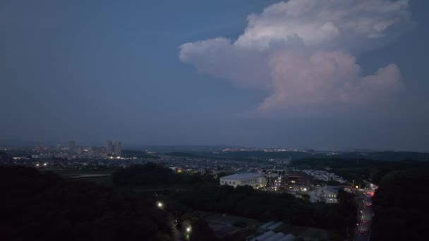 Lightning Strikes Towering Cumulous Cloud Town Lights Night High Quality — ストック動画
