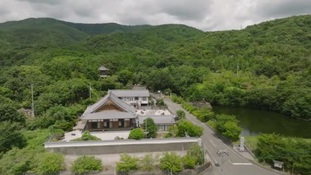 Aerial View Traditional Japanese Building Forest Road Sunny Day High — Video