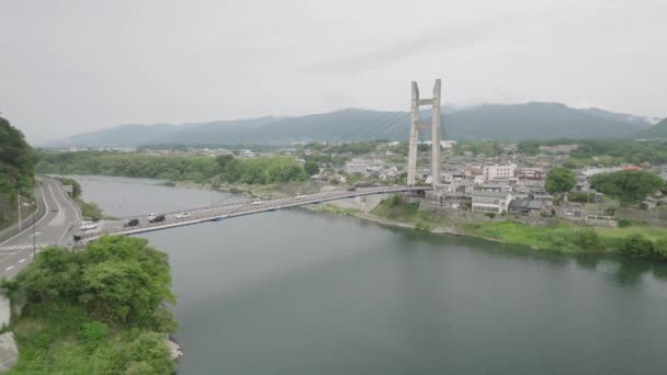 Light Traffic Single Tower Suspension Bridge Yoshino River Day High — 图库视频影像