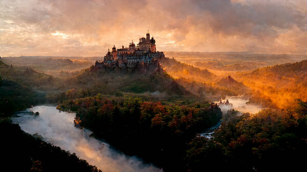 Hilltop castle dominates wooded landscape at sunrise. High quality illustration