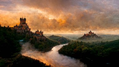 Hilltop castles along river in forested landscape at sunrise. High quality illustration