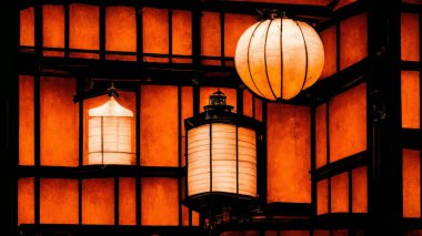 Japanese lanterns in front of traditional paper door style background. High quality illustration