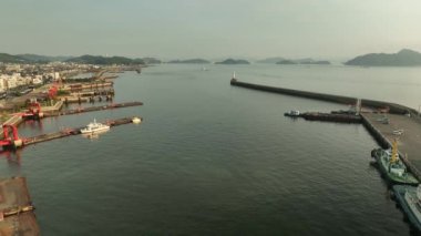 Pullback revealing row of tugboats and patrol vessels in small harbor after sunrise. High quality 4k footage