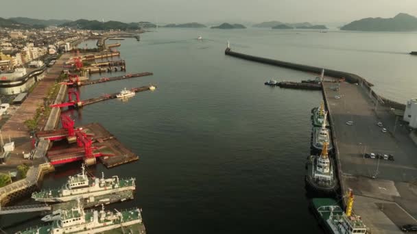 Aerial View Tugboats Fast Harbor Patrol Ships Small Harbor High — Video