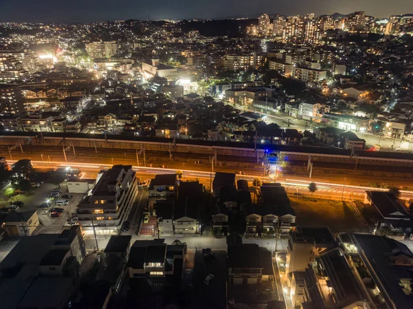 Вид Повітря Зайняті Дороги Через Маленьке Містечко Вночі Високоякісна Фотографія — стокове фото