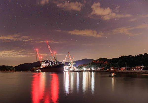 Lights Shipyard Docked Ship Starry Night Sky High Quality Photo — Stock Photo, Image