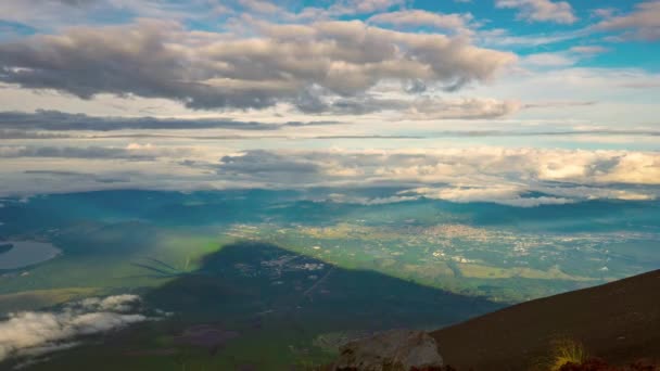 Timelapse Ombra Del Fuji Muove Lentamente Attraverso Paesaggio Mentre Nuvole — Video Stock