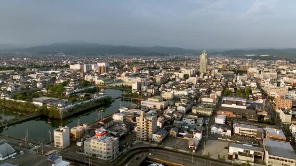 Widok Lotu Ptaka Zamek Japoński Samotny Wysoki Budynek Imabari City — Wideo stockowe