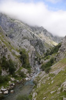 İspanya, Picos de Europa 'nın ortasındaki Bulnes' e giden yol..