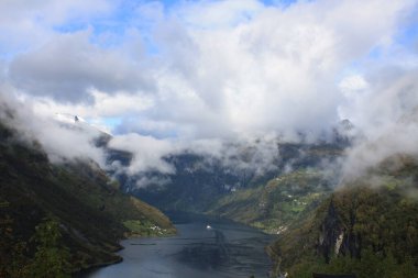 Geiranger, in the middle of the fjord with impressive views. Norway.