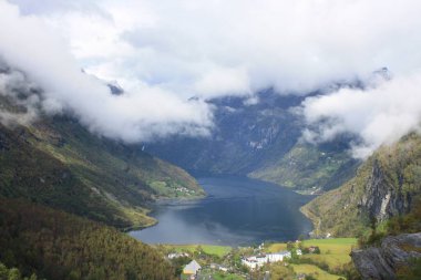 Geiranger, in the middle of the fjord with impressive views. Norway.